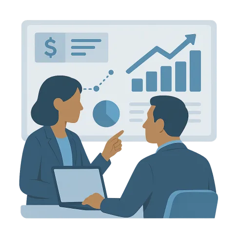Two professionals analyzing financial charts and discussing business growth trends on a large screen.