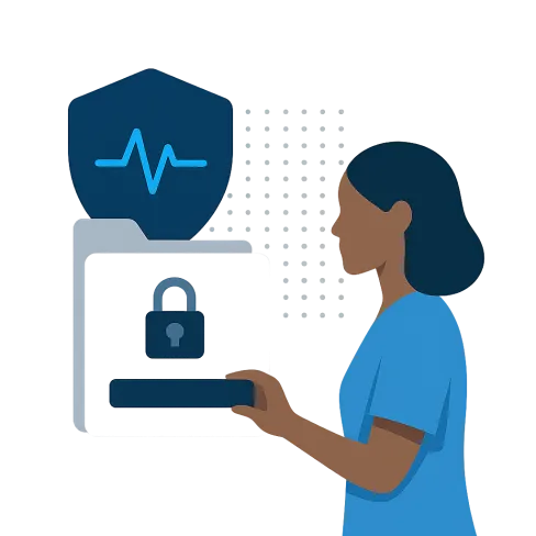 Female medical professional accessing secured health records with digital shield and lock icons.