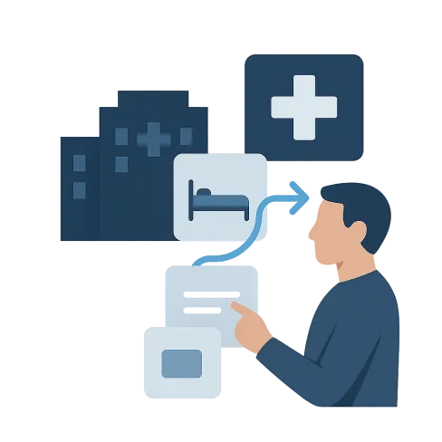 Man navigating healthcare options with hospital, bed, and medical cross icons in blue tones.