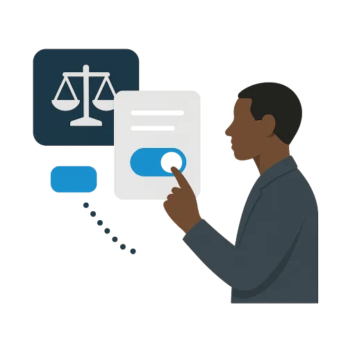 Man in suit toggles a switch with legal scales icon denoting law or justice concepts.