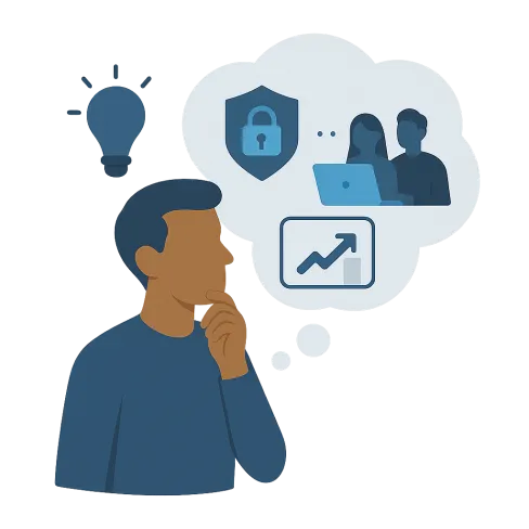 Man thinking with icons of security, teamwork, and growth in a thought bubble and a light bulb above