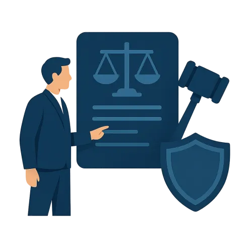 Man pointing to legal document with scales of justice, gavel, and shield symbolizing law and protection.