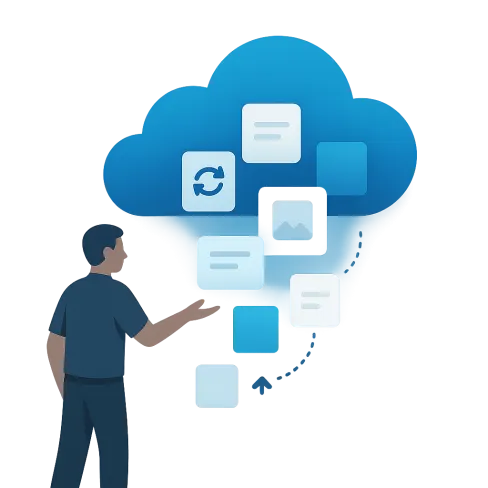 Person interacting with digital cloud icons representing data synchronization and file sharing in cloud computing.