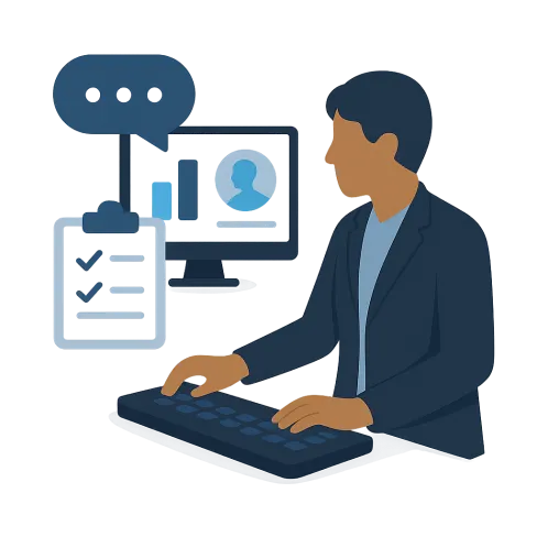Illustration of a man working on a keyboard with a computer screen showing profile and charts, checklist, and chat bubble