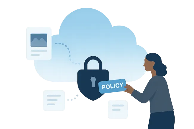 Woman securing cloud data with a lock and policy card representing cloud security and data protection