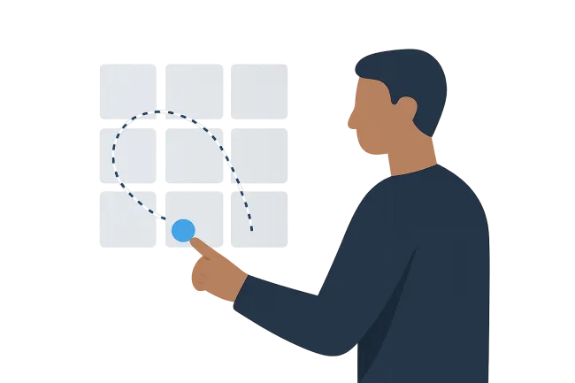Person interacting with a touchscreen selecting a blue dot among white squares with a dotted curved line.
