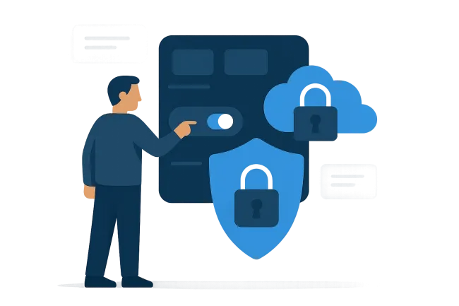 Man toggling security settings with shield and cloud icons displaying padlocks for data protection.