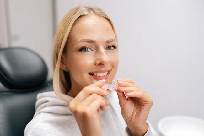 Smiling blonde woman holding clear dental aligner in a dental clinic with white walls and chair.
