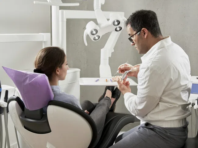 Dentist explaining dental model to female patient sitting in dental chair in modern clinic.
