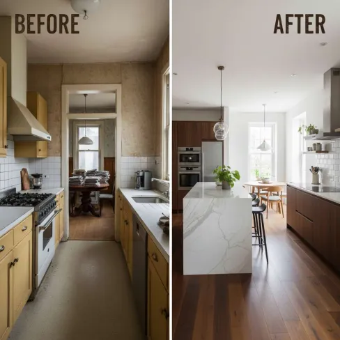 Before and after kitchen renovation showing outdated yellow cabinets and modern kitchen with marble island and wood flooring.