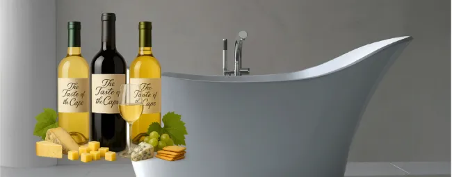 Three wine bottles with glass, cheese, grapes, and crackers beside a modern gray bathtub in a minimal bathroom.