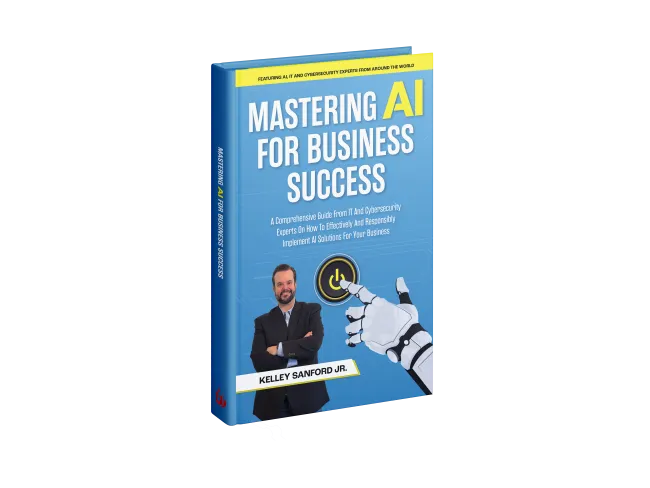 Book cover of Mastering AI for Business Success by Kelley Sanford Jr featuring a robot hand pressing a power button.