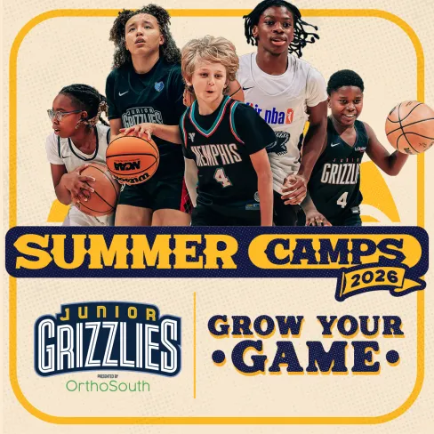 Diverse youth basketball players in Junior Grizzlies gear promoting 2026 summer camps to grow skills and game.