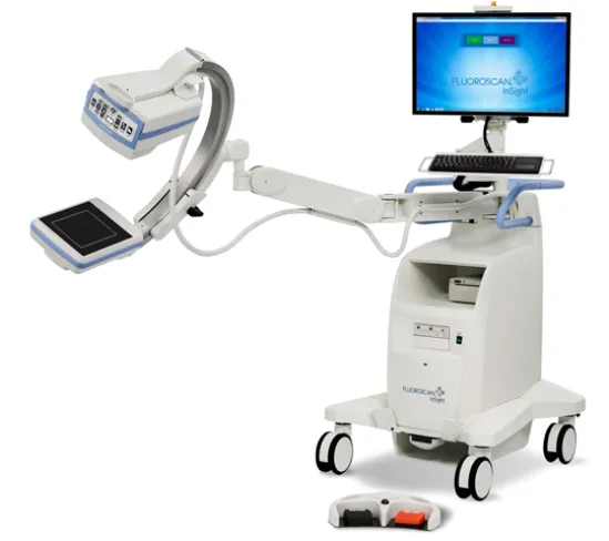 Medical imaging device Fluoroscan Insight with monitor, adjustable arm, keyboard, and foot pedal on wheels.