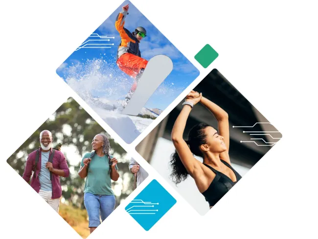 Montage of active lifestyles showing snowboarding, outdoor hiking, and stretching exercises in vibrant settings.