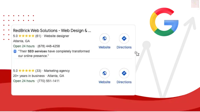 Google search results and reviews for RedBrick Web Solutions with upward trending arrow graphic.