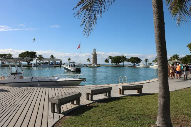 Scenic waterfront view with boats, a lighthouse, palm trees, and a clear blue sky.