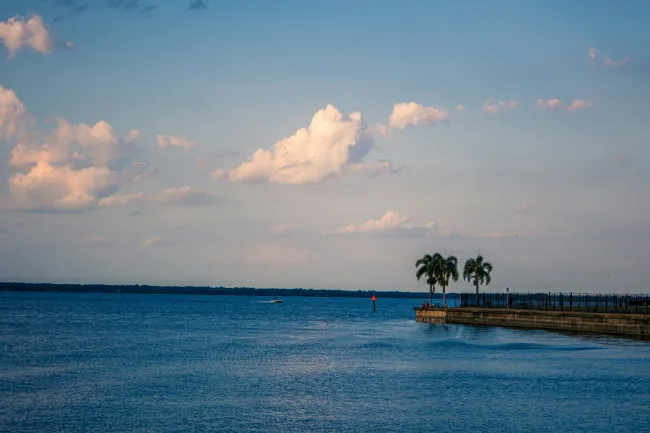 a body of water with a dock and trees on the side