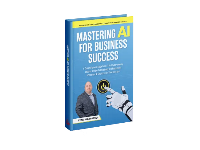 Book cover of Mastering AI for Business Success by Ryan Rolfsmeier featuring a robot hand and author photo.