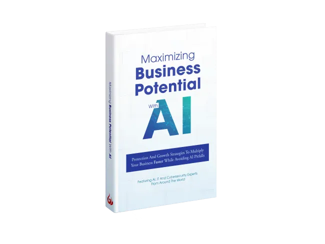 3D book cover titled Maximizing Business Potential with AI showing strategies for business growth and cybersecurity.