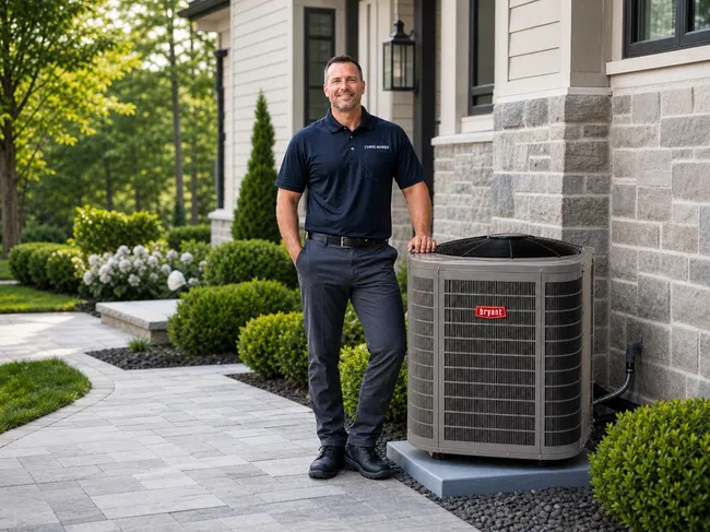 Technician standing next to a Bryant air conditioning unit outside a modern home in a landscaped yard.