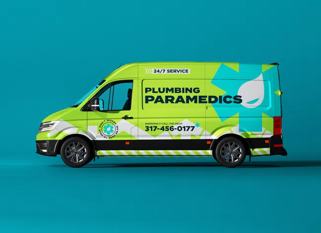 Bright green Plumbing Paramedics service van with contact number and water drop logo on blue background.