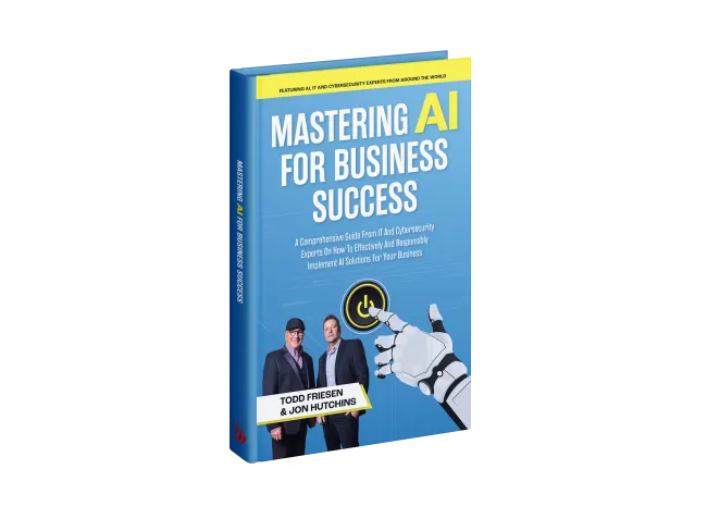 3D book cover of Mastering AI for Business Success by Todd Friesen and Jon Hutchins with a robot hand pressing power button