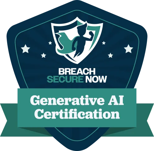Shield badge with superhero figure and text Generative AI Certification for Breach Secure Now
