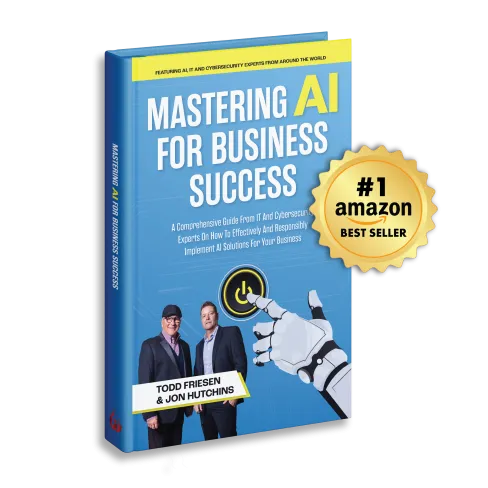 Book cover of Mastering AI for Business Success with authors, robot hand, and Amazon best seller badge.
