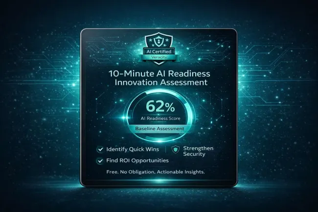 Digital display showing 62% AI Readiness Score for 10-minute AI Innovation Assessment with key benefits listed.