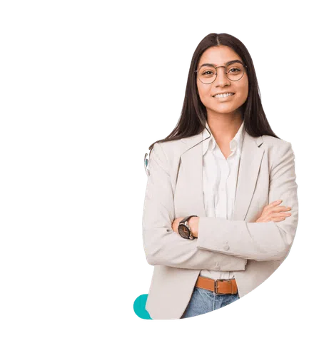 Confident young woman in glasses and beige blazer smiling with arms crossed on white background