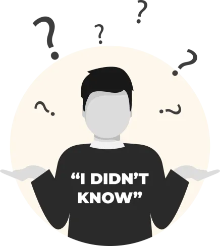 Person shrugging with question marks above head and text I DIDN'T KNOW on shirt, expressing confusion or ignorance
