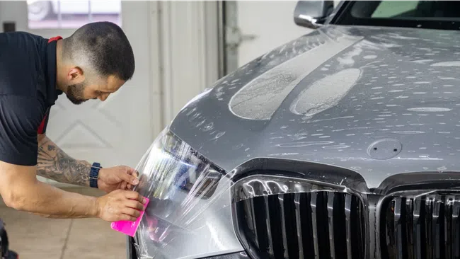 Man applying protective film on a silver car's front bumper in a garage setting with cleaning spray bottle nearby.