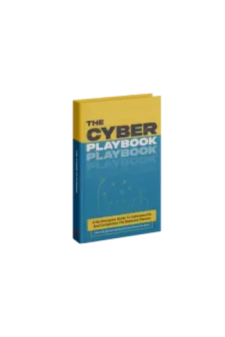 Cover of The Cyber Playbook book with blue and yellow design depicting cybersecurity strategies.