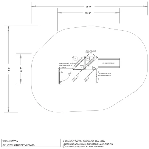 Top-down schematic of a playground structure with annotated dimensions and component labels on safety surface.