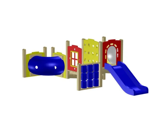 Colorful playground set with slide, climbing panel, tunnel, and interactive play panels on white background