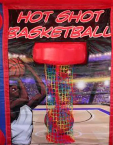 Hot Shot Basketball arcade game backboard with colorful net and basketball player illustration in stadium setting