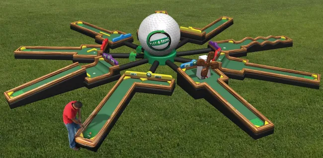 Large outdoor mini golf course with multiple holes arranged in a star shape around a giant golf ball centerpiece