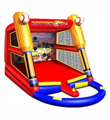 Inflatable baseball batting game with two large bats, red base, and target holes for hitting practice.