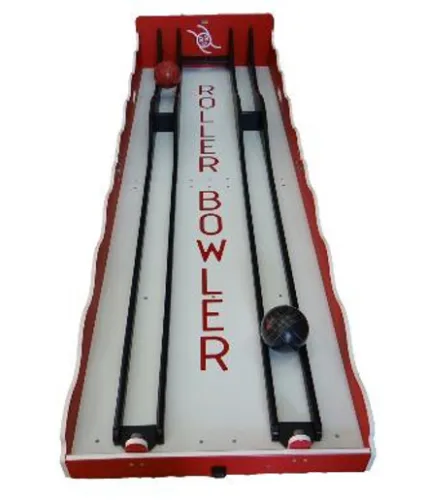 Roller Bowler tabletop bowling game with two lanes, a red and a black bowling ball, and bold text in the center.