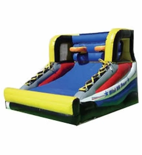 Colorful inflatable basketball shooting game with blue, yellow, red, and black sections and attached basketball hoops