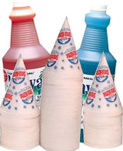 Bottles of red and blue Clorox cleaning products with cone-shaped bleach bottle covers.