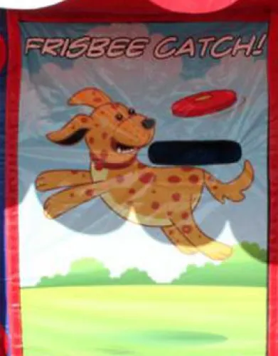 Cartoon dog leaping to catch a red frisbee in a colorful outdoor game scene with text Frisbee Catch.