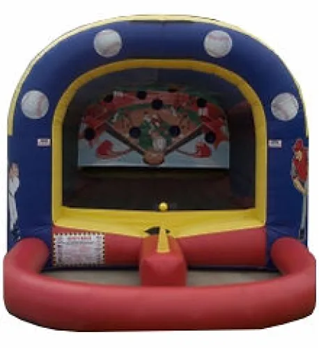 Inflatable baseball pitching game with red, blue, and yellow colors and large baseball graphics