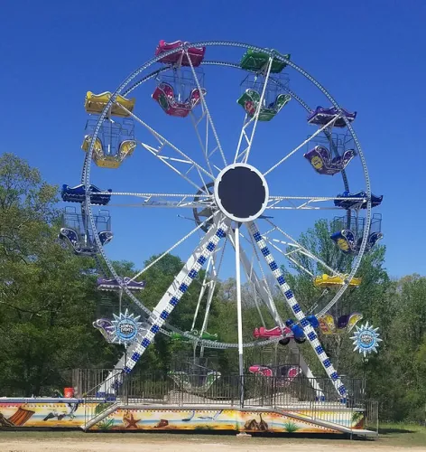 Colorful Ferris wheel with blue, yellow, red, green, and purple seats on a clear day surrounded by trees.