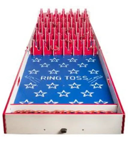 Classic ring toss game with red pegs and blue board decorated with white stars and text.