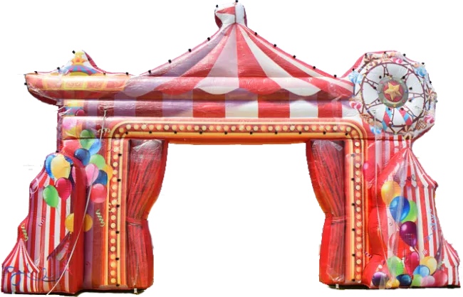 Colorful inflatable carnival entrance arch with red and white stripes, balloons, and a Ferris wheel design.