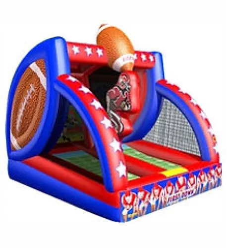Red, blue, and white inflatable football-themed bounce house with stars and goalposts