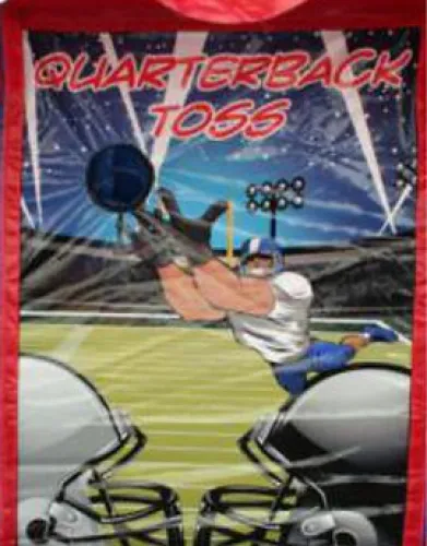 Illustration of a football player diving to catch a ball with two helmets in foreground, titled Quarterback Toss