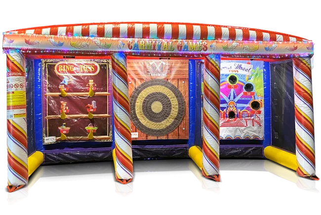 Colorful inflatable carnival game booth with ring toss, axe throwing, and wheel toss targets under striped canopy